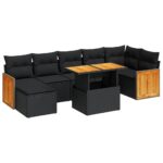 7-Piece Outdoor Sofa Set Garden Patio Lounge Cushions Chairs Black Poly Rattan Acacia