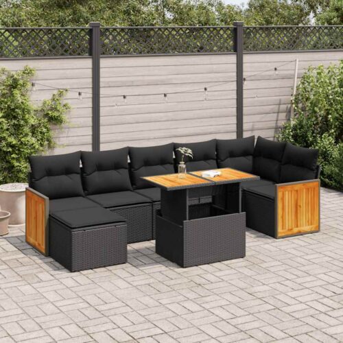 7-Piece Outdoor Sofa Set Garden Patio Lounge Cushions Chairs Black Poly Rattan Acacia - Image 2