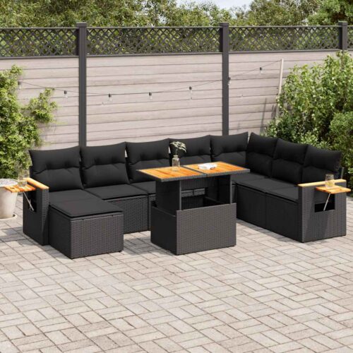 7-Piece Outdoor Sofa Set Garden Patio Lounge Cushions Chairs Black Poly Rattan Acacia - Image 2