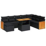 7-Piece Outdoor Sofa Set Garden Patio Lounge Cushions Chairs Black Poly Rattan Acacia