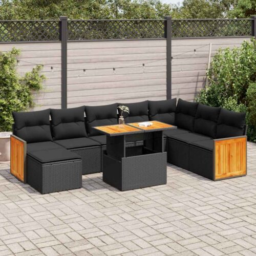7-Piece Outdoor Sofa Set Garden Patio Lounge Cushions Chairs Black Poly Rattan Acacia - Image 2