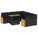 9-Piece Outdoor Sofa Set Garden Patio Lounge Cushions Chairs Black Poly Rattan Acacia