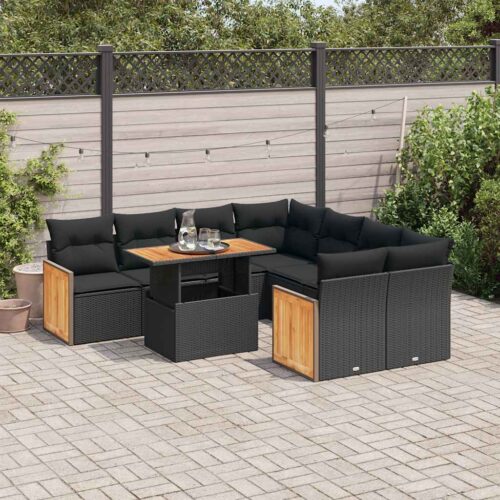 9-Piece Outdoor Sofa Set Garden Patio Lounge Cushions Chairs Black Poly Rattan Acacia - Image 2