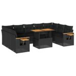 10-Piece Outdoor Sofa Set Garden Patio Lounge Cushions Chairs Black Poly Rattan Acacia