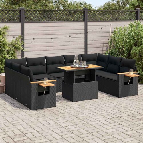 10-Piece Outdoor Sofa Set Garden Patio Lounge Cushions Chairs Black Poly Rattan Acacia - Image 2