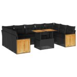 10-Piece Outdoor Sofa Set Garden Patio Lounge Cushions Chairs Black Poly Rattan Acacia