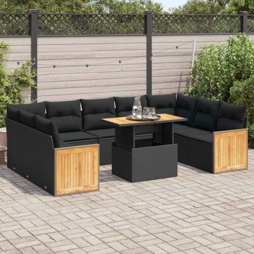 10-Piece Outdoor Sofa Set Garden Patio Lounge Cushions Chairs Black Poly Rattan Acacia - Image 2
