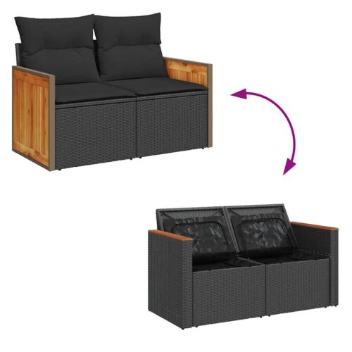 10-Piece Outdoor Sofa Set Garden Patio Lounge Cushions Chairs Black Poly Rattan Acacia - Image 9