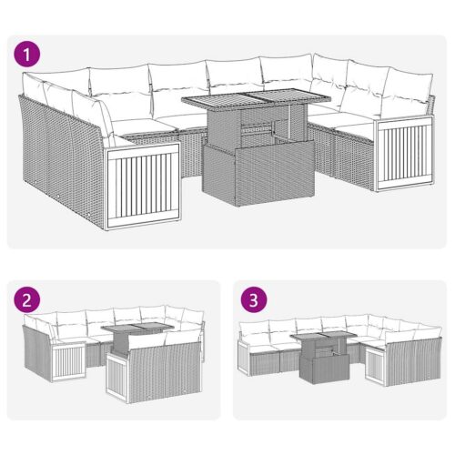 10-Piece Outdoor Sofa Set Garden Patio Lounge Cushions Chairs Black Poly Rattan Acacia - Image 11