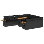 10-Piece Outdoor Sofa Set Garden Patio Lounge Cushions Chairs Black Poly Rattan Acacia