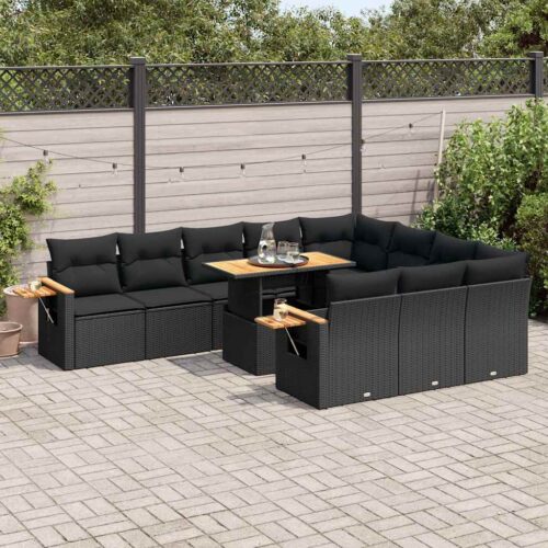 10-Piece Outdoor Sofa Set Garden Patio Lounge Cushions Chairs Black Poly Rattan Acacia - Image 2