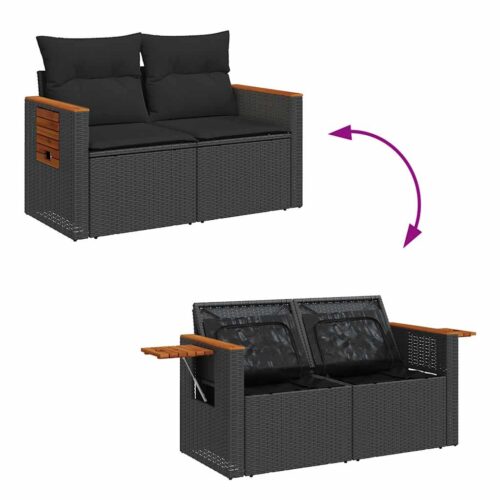10-Piece Outdoor Sofa Set Garden Patio Lounge Cushions Chairs Black Poly Rattan Acacia - Image 9