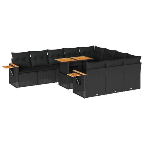 10-Piece Outdoor Sofa Set Garden Patio Lounge Cushions Chairs Black Poly Rattan Acacia - Image 13