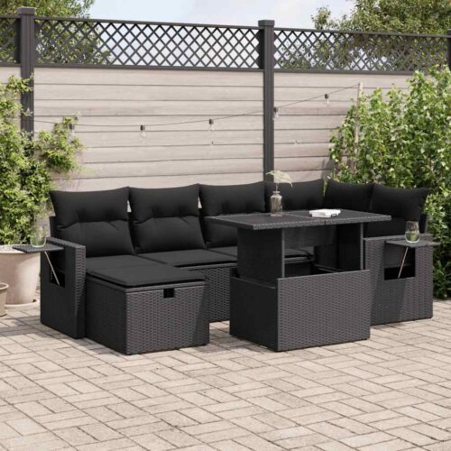 7-Piece Outdoor Sofa Set Garden Patio Lounge Cushions Chairs Black Poly Rattan - Image 2