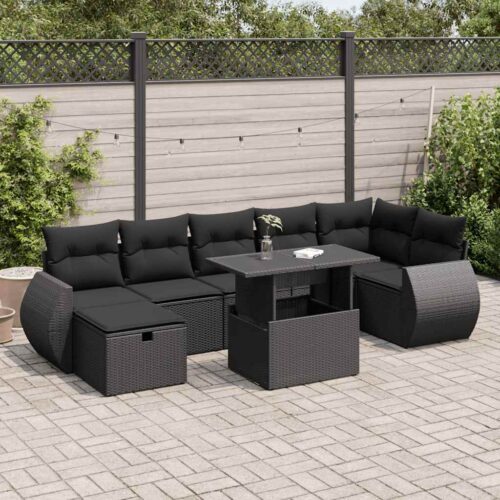 8-Piece Outdoor Sofa Set Garden Patio Lounge Cushions Chairs Black Poly Rattan - Image 2