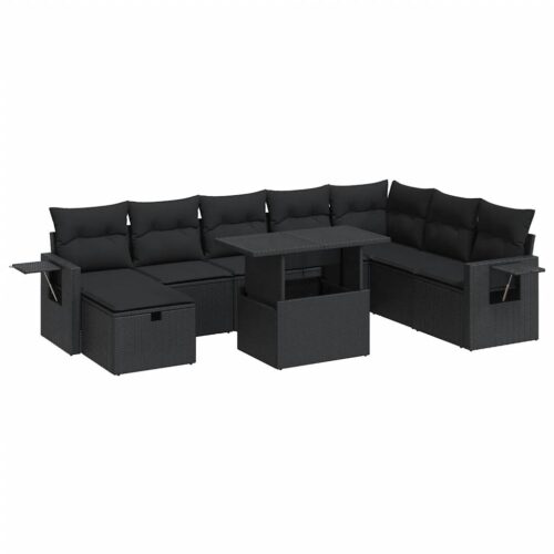 9-Piece Outdoor Sofa Set Garden Patio Lounge Cushions Chairs Black Poly Rattan - Image 13
