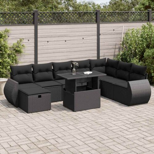 9-Piece Outdoor Sofa Set Garden Patio Lounge Cushions Chairs Black Poly Rattan - Image 2
