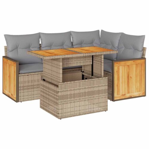 5-Piece Outdoor Sofa Set Garden Patio Lounge Cushions Chairs Beige Poly Rattan Acacia