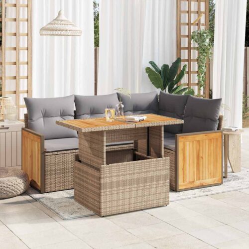 5-Piece Outdoor Sofa Set Garden Patio Lounge Cushions Chairs Beige Poly Rattan Acacia - Image 2