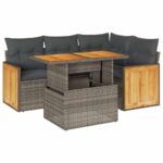 5-Piece Outdoor Sofa Set Garden Patio Lounge Cushions Chairs Grey Poly Rattan Acacia