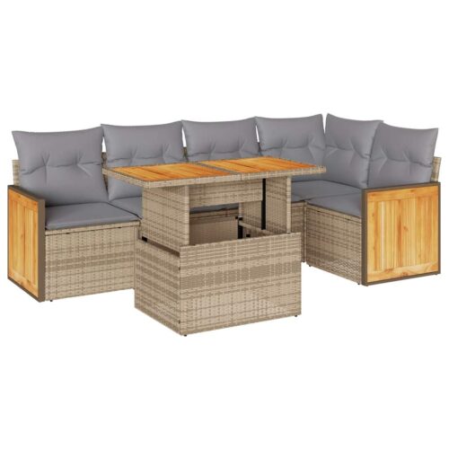 6-Piece Outdoor Sofa Set Garden Patio Lounge Cushions Chairs Beige Poly Rattan Acacia - Image 13
