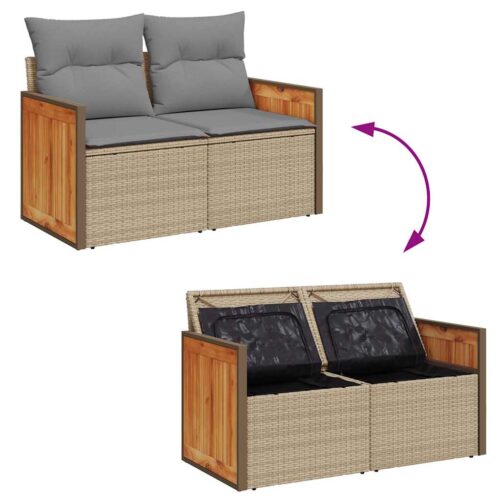 7-Piece Outdoor Sofa Set Garden Patio Lounge Cushions Chairs Beige Poly Rattan Acacia - Image 9