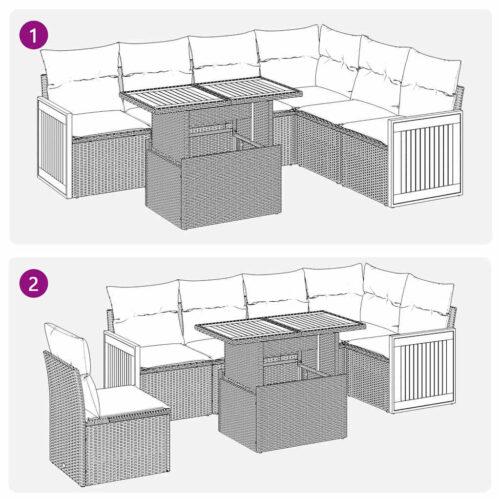 7-Piece Outdoor Sofa Set Garden Patio Lounge Cushions Chairs Beige Poly Rattan Acacia - Image 11