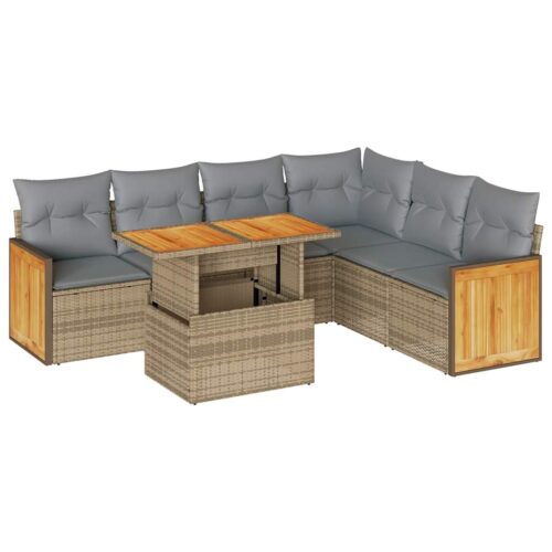 7-Piece Outdoor Sofa Set Garden Patio Lounge Cushions Chairs Beige Poly Rattan Acacia - Image 13