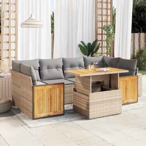 7-Piece Outdoor Sofa Set Garden Patio Lounge Cushions Chairs Beige Poly Rattan Acacia - Image 2