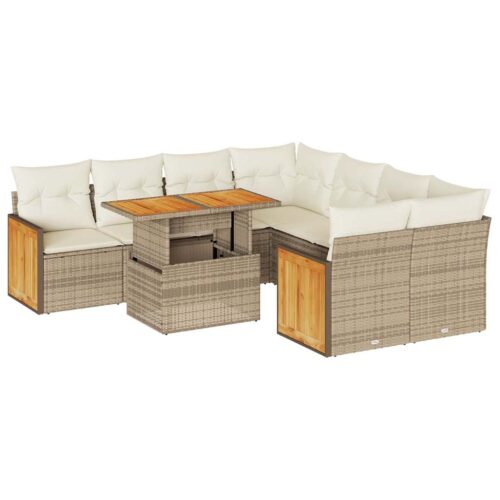 9-Piece Outdoor Sofa Set Garden Patio Lounge Cushions Chairs Beige Poly Rattan Acacia