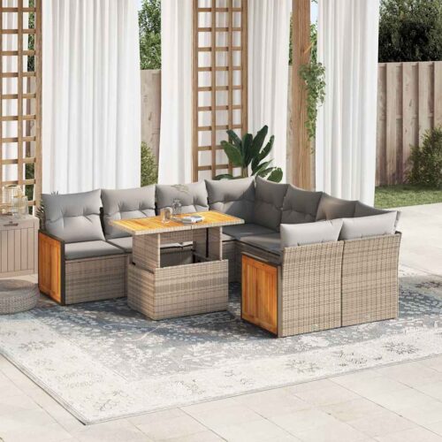 9-Piece Outdoor Sofa Set Garden Patio Lounge Cushions Chairs Beige Poly Rattan Acacia - Image 2