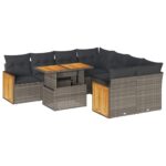 9-Piece Outdoor Sofa Set Garden Patio Lounge Cushions Chairs Grey Poly Rattan Acacia
