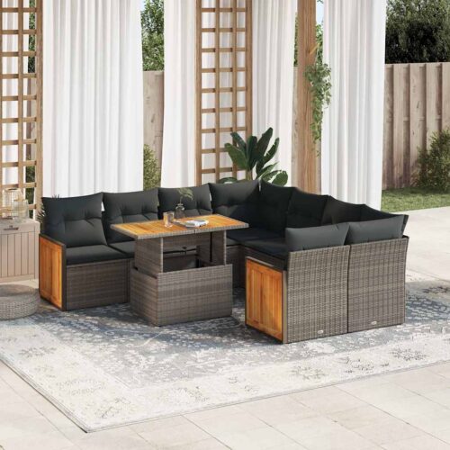 9-Piece Outdoor Sofa Set Garden Patio Lounge Cushions Chairs Grey Poly Rattan Acacia - Image 2