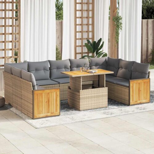 10-Piece Outdoor Sofa Set Garden Patio Lounge Cushions Chairs Beige Poly Rattan Acacia - Image 2