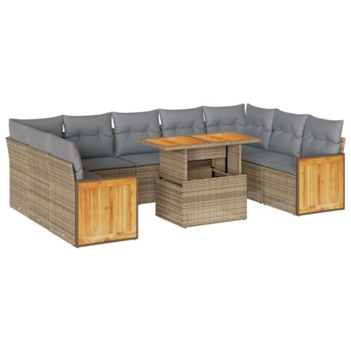 10-Piece Outdoor Sofa Set Garden Patio Lounge Cushions Chairs Beige Poly Rattan Acacia - Image 13