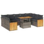 10-Piece Outdoor Sofa Set Garden Patio Lounge Cushions Chairs Grey Poly Rattan Acacia