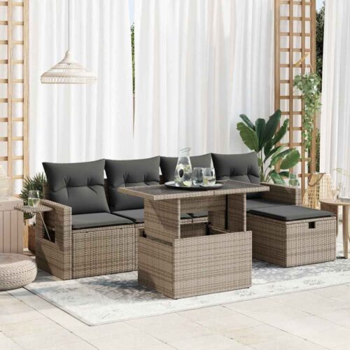 6-Piece Outdoor Sofa Set Garden Patio Lounge Cushions Chairs Grey Poly Rattan - Image 2