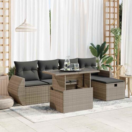 6-Piece Outdoor Sofa Set Garden Patio Lounge Cushions Chairs Grey Poly Rattan - Image 2