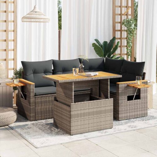 4-Piece Outdoor Sofa Set Garden Patio Lounge Cushions Chairs Grey Poly Rattan Acacia - Image 2