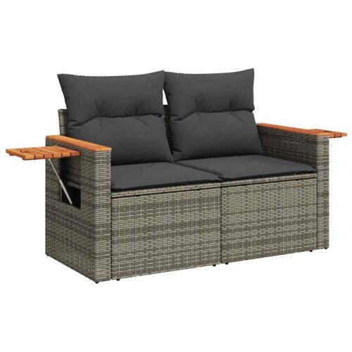 4-Piece Outdoor Sofa Set Garden Patio Lounge Cushions Chairs Grey Poly Rattan Acacia - Image 5