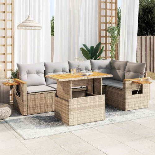 5-Piece Outdoor Sofa Set Garden Patio Lounge Cushions Chairs Beige Poly Rattan Acacia - Image 2