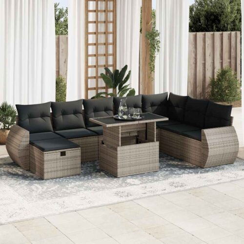 9-Piece Outdoor Sofa Set Garden Patio Lounge Cushions Chairs Grey Poly Rattan - Image 2