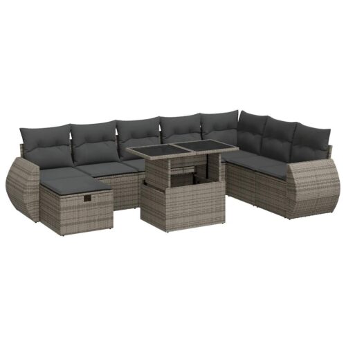 9-Piece Outdoor Sofa Set Garden Patio Lounge Cushions Chairs Grey Poly Rattan - Image 13