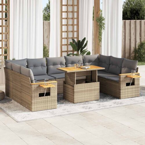 10-Piece Outdoor Sofa Set Garden Patio Lounge Cushions Chairs Beige Poly Rattan Acacia - Image 2