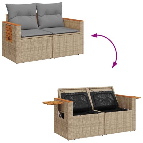 10-Piece Outdoor Sofa Set Garden Patio Lounge Cushions Chairs Beige Poly Rattan Acacia - Image 10