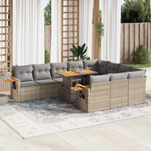 10-Piece Outdoor Sofa Set Garden Patio Lounge Cushions Chairs Beige Poly Rattan Acacia - Image 2