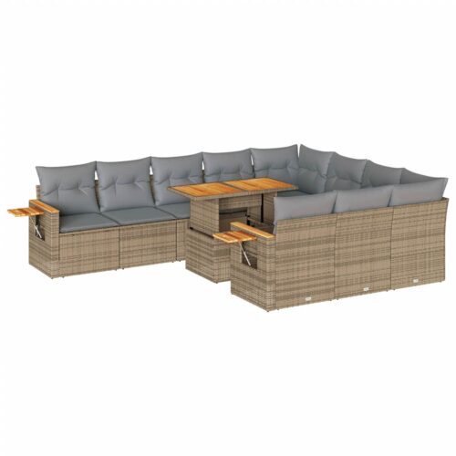 10-Piece Outdoor Sofa Set Garden Patio Lounge Cushions Chairs Beige Poly Rattan Acacia - Image 13