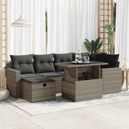 7-Piece Outdoor Sofa Set Garden Patio Lounge Cushions Chairs Grey Poly Rattan - Image 2