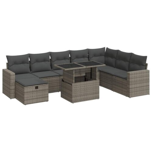9-Piece Outdoor Sofa Set Garden Patio Lounge Cushions Chairs Grey Poly Rattan - Image 13