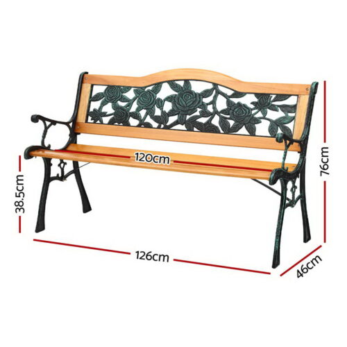 Gardeon Outdoor Garden Bench Seat 126cm Wooden Cast Iron 3 Seater Patio Furniture - Image 2
